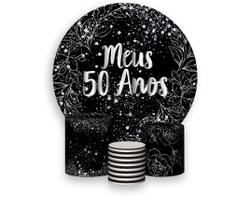 Painel De Festa 1,5x1,5 + Trio Capa Cilindro - Fundo Preto Folhagens Efeito Brilhos Meus 50 Anos Prateado 098