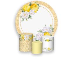 Painel De Festa 1,5x1,5 + Trio Capa Cilindro - Geométrico Flores Amarelas e Brancas Efeito Glitter 030