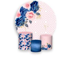 Painel De Festa 1,5x1,5 + Trio Capa Cilindro - Geometrico Greek Rosa com Floral Azul e Dourado 05