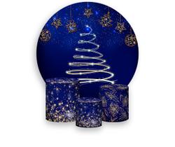 Painel De Festa 1,5x1,5 + Trio Capa Cilindro - Natal Azul Árvore Efeito Brilho 022