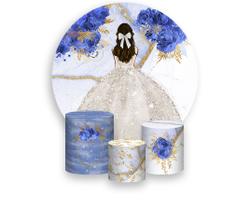 Painel De Festa 1,5x1,5 + Trio Capa Cilindro - Princesa Marmorizado com Flores Azul Vestido Branco 040