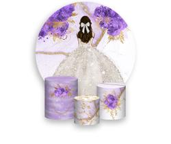 Painel De Festa 1,5x1,5 + Trio Capa Cilindro - Princesa Marmorizado com Flores Lilás Vestido Branco 042