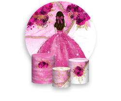 Painel De Festa 1,5x1,5 + Trio Capa Cilindro - Princesa Marmorizado com Flores Pink 045