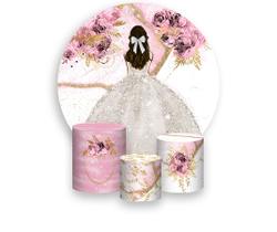 Painel De Festa 1,5x1,5 + Trio Capa Cilindro - Princesa Marmorizado com Flores Rosa Vestido Branco 046