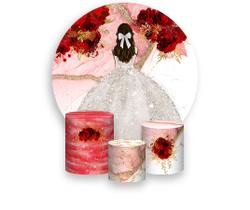 Painel De Festa 1,5x1,5 + Trio Capa Cilindro - Princesa Marmorizado com Flores Vermelha Vestido Branco 050