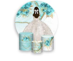 Painel De Festa 1,5x1,5 + Trio Capa Cilindro - Princesa Marmorizado com Flores Vestido Branco 048