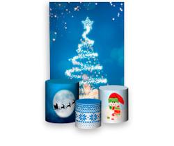 Painel De Festa 3d Vertical + Trio De Capa Cilindro - Árvore Efeito Glitter Natal Azul 08