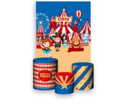 Painel De Festa 3d Vertical + Trio De Capa Cilindro - Circo Clássico Azul e Vermelho 04