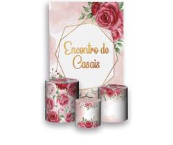 Painel De Festa 3d Vertical + Trio De Capa Cilindro - Encontro de Casais Rosa Floral 010 - Via Cores