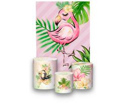 Painel De Festa 3d Vertical + Trio De Capa Cilindro - Flamingo Tropical Rosa 01