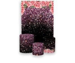 Painel De Festa 3d Vertical + Trio De Capa Cilindro - Fundo Preto com Efeito Glitter Rosa e Dourado 01