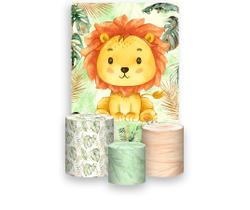 Painel De Festa 3d Vertical + Trio De Capa Cilindro - Leaozinho Laranja Aquarela Cute 011