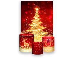 Painel De Festa 3d Vertical + Trio De Capa Cilindro - Natal Fundo Vermelho Árvore Efeito Glitter Dourado 012
