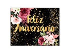 Painel de Festa Horizontal 1,55 X 1,20 - Feliz Aniversário Floral Efeito Brilhos Dourado 002