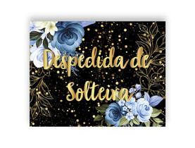 Painel de Festa Horizontal 1,55 X 1,20 - Fundo Preto Flores Azuis Efeito Brilhos Despedida de Solteira Dourado 02