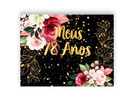 Painel de Festa Horizontal 1,55 X 1,20 - Fundo Preto Flores Efeito Brilhos Meus 78 Anos Dourado 054