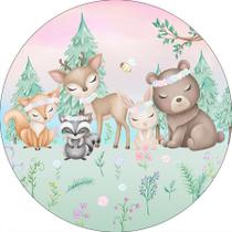 Painel De Festa Redondo 1,50x1,50 - Bosque Rosa Animais Cute 056 Painel De Festa Redondo 1,50x1,50 - Bosque Rosa Animais Cute 056