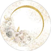 Painel De Festa Redondo 1,50x1,50 - Dourado com Flores Brancas 136 Painel De Festa Redondo 1,50x1,50 - Dourado com Flores Brancas 136
