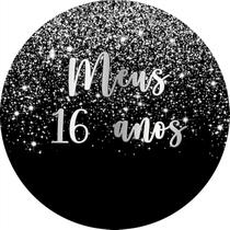 Painel De Festa Redondo 1,50x1,50 - Efeito Glitter Prata Caindo Meus 16 Anos 04 Painel De Festa Redondo 1,50x1,50 - Efeito Glitter Prata Caindo Meus 16 Anos 04