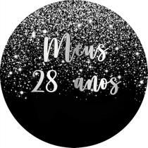 Painel De Festa Redondo 1,50x1,50 - Efeito Glitter Prata Caindo Meus 28 Anos 013 Painel De Festa Redondo 1,50x1,50 - Efeito Glitter Prata Caindo Meus 28 Anos 013