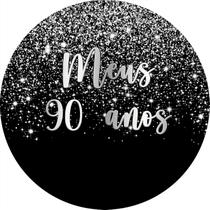 Painel De Festa Redondo 1,50x1,50 - Efeito Glitter Prata Caindo Meus 90 Anos 063 Painel De Festa Redondo 1,50x1,50 - Efeito Glitter Prata Caindo Meus 90 Anos 063