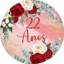 Painel De Festa Redondo 1,50x1,50 - Efeito Mármore Floral 22 Anos 265