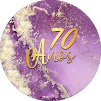 Painel De Festa Redondo 1,50x1,50 - Efeito Mármore Roxo com Dourado 70 Anos 188