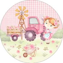 Painel De Festa Redondo 1,50x1,50 - Fazendinha Rosa Menina e Trator 048 Painel De Festa Redondo 1,50x1,50 - Fazendinha Rosa Menina e Trator 048