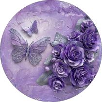 Painel De Festa Redondo 1,50x1,50 - Flores e Borboletas Lilás com Roxo 043 Painel De Festa Redondo 1,50x1,50 - Flores e Borboletas Lilás com Roxo 043