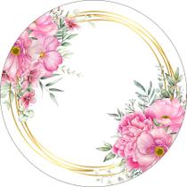 Painel De Festa Redondo 1,50x1,50 - Flores Rosa Circulo Dourado 187