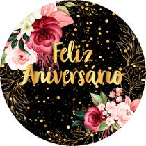 Painel De Festa Redondo 1,50x1,50 - Fundo Preto Flores Efeito Brilhos Feliz Aniversário Dourado 139 Painel De Festa Redondo 1,50x1,50 - Fundo Preto Flores Efeito Brilhos Feliz Aniversário Dourado 139