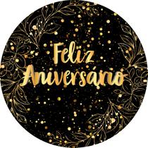 Painel De Festa Redondo 1,50x1,50 - Fundo Preto Folhagens Efeito Brilhos Feliz Aniversário Dourado 114 Painel De Festa Redondo 1,50x1,50 - Fundo Preto Folhagens Efeito Brilhos Feliz Aniversário Dourado 114