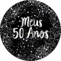 Painel De Festa Redondo 1,50x1,50 - Fundo Preto Folhagens Efeito Brilhos Meus 50 Anos Prateado 103