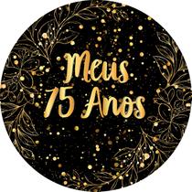 Painel De Festa Redondo 1,50x1,50 - Fundo Preto Folhagens Efeito Brilhos Meus 75 Anos Dourado 130