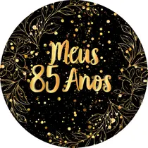 Painel De Festa Redondo 1,50x1,50 - Fundo Preto Folhagens Efeito Brilhos Meus 85 Anos Dourado 132