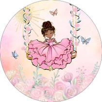 Painel De Festa Redondo 1,50x1,50 - Jardim Com Princesa no Balanço 038 Painel De Festa Redondo 1,50x1,50 - Jardim Com Princesa no Balanço 038