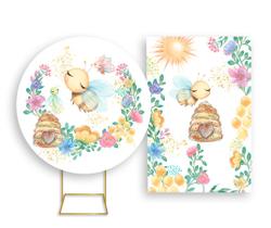 Painel De Festa Redondo 1,50x1,50 + Painel Vertical 1,50x2,20 - Abelhinha Floral Cute 002 Painel De Festa Redondo 1,50x1,50 + Painel Vertical 1,50x2,20 - Abelhinha Floral Cute 002