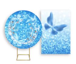 Painel De Festa Redondo 1,50x1,50 + Painel Vertical 1,50x2,20 - Borboleta Brilhante Efeito Glitter Azul 003