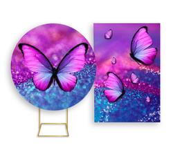 Painel De Festa Redondo 1,50x1,50 + Painel Vertical 1,50x2,20 - Borboleta Efeito Glitter Azul e Rosa 004