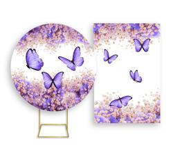 Painel De Festa Redondo 1,50x1,50 + Painel Vertical 1,50x2,20 - Borboleta Lilás Floral 017 Painel De Festa Redondo 1,50x1,50 + Painel Vertical 1,50x2,20 - Borboleta Lilás Floral 017