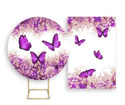 Painel De Festa Redondo 1,50x1,50 + Painel Vertical 1,50x2,20 - Borboleta Roxo Floral 016