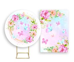 Painel De Festa Redondo 1,50x1,50 + Painel Vertical 1,50x2,20 - Borboletas Aquarela Floral 010