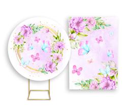 Painel De Festa Redondo 1,50x1,50 + Painel Vertical 1,50x2,20 - Borboletas Aquarela Floral Lilás 011 Painel De Festa Redondo 1,50x1,50 + Painel Vertical 1,50x2,20 - Borboletas Aquarela Floral Lilás 011