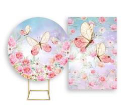 Painel De Festa Redondo 1,50x1,50 + Painel Vertical 1,50x2,20 - Borboletas Bege e Rosa Candy 002