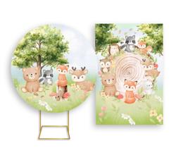 Painel De Festa Redondo 1,50x1,50 + Painel Vertical 1,50x2,20 - Bosque Bege Animais 006