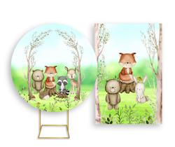Painel De Festa Redondo 1,50x1,50 + Painel Vertical 1,50x2,20 - Bosque dos Animais Aquarela 007 Painel De Festa Redondo 1,50x1,50 + Painel Vertical 1,50x2,20 - Bosque dos Animais Aquarela 007