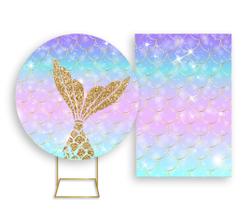 Painel De Festa Redondo 1,50x1,50 + Painel Vertical 1,50x2,20 - Cauda de Sereia Escamas Efeito Glitter 004