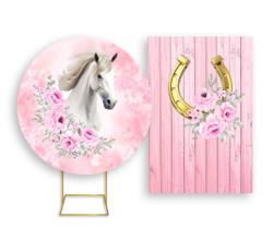 Painel De Festa Redondo 1,50x1,50 + Painel Vertical 1,50x2,20 - Cavalo Branco Boiadeira com Flores 015