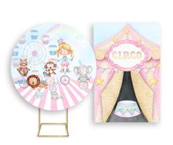 Painel De Festa Redondo 1,50x1,50 + Painel Vertical 1,50x2,20 - Circo Rosa Mágica Loira 016