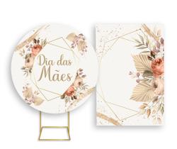 Painel De Festa Redondo 1,50x1,50 + Painel Vertical 1,50x2,20 - Dia das Mães Bege com Floral 020